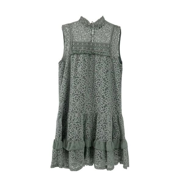 Green Lace Dress High Neck Bohemian Victorian Mini Sleeveless Jodi Kristopher XS - Picture 1 of 8